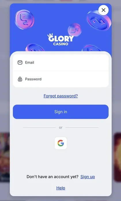 Glory Casino Brazil login screen with email and password fields